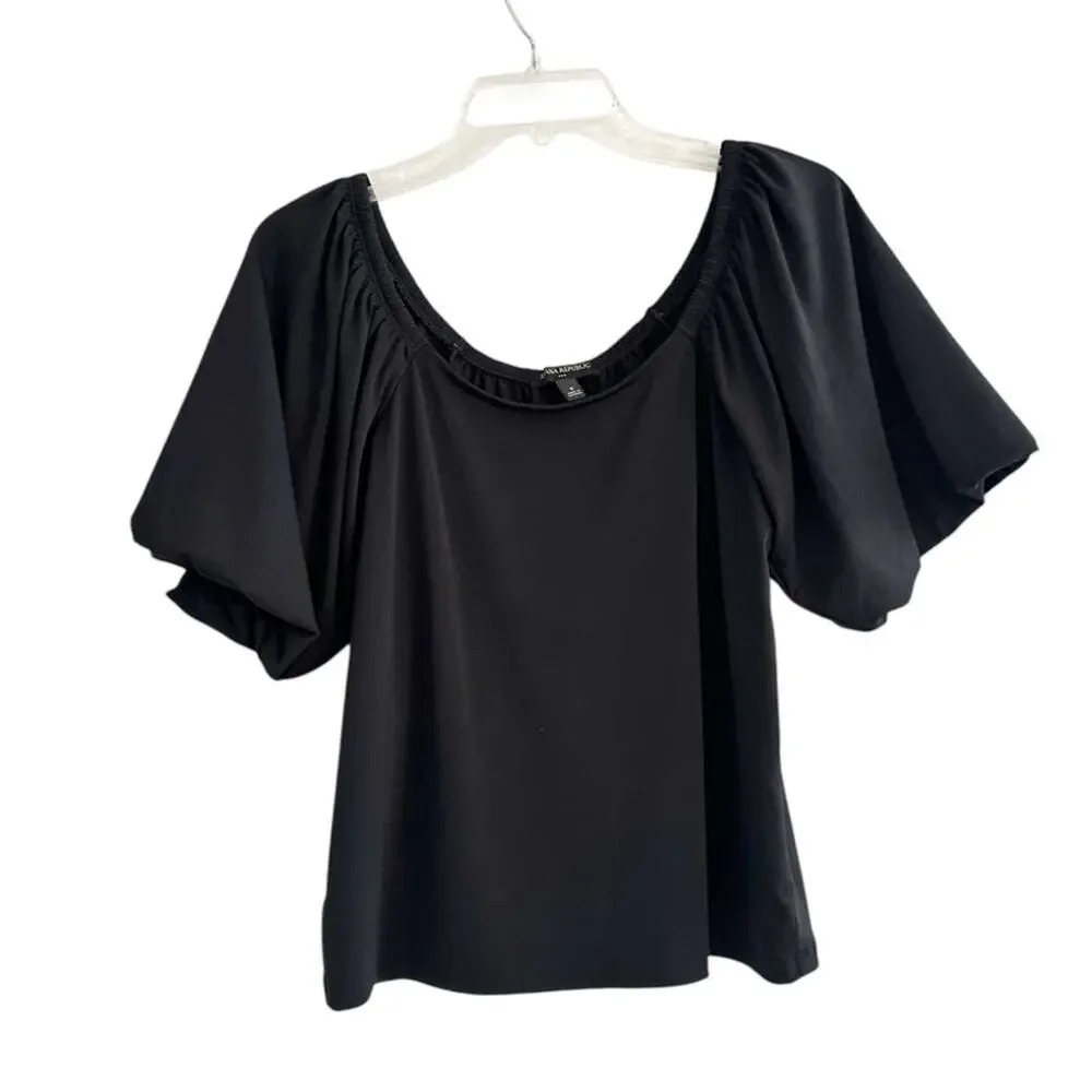 Banana Republic SS Crepe Puff Short Sleeve Top Blouse Black Shirt 2022 Small